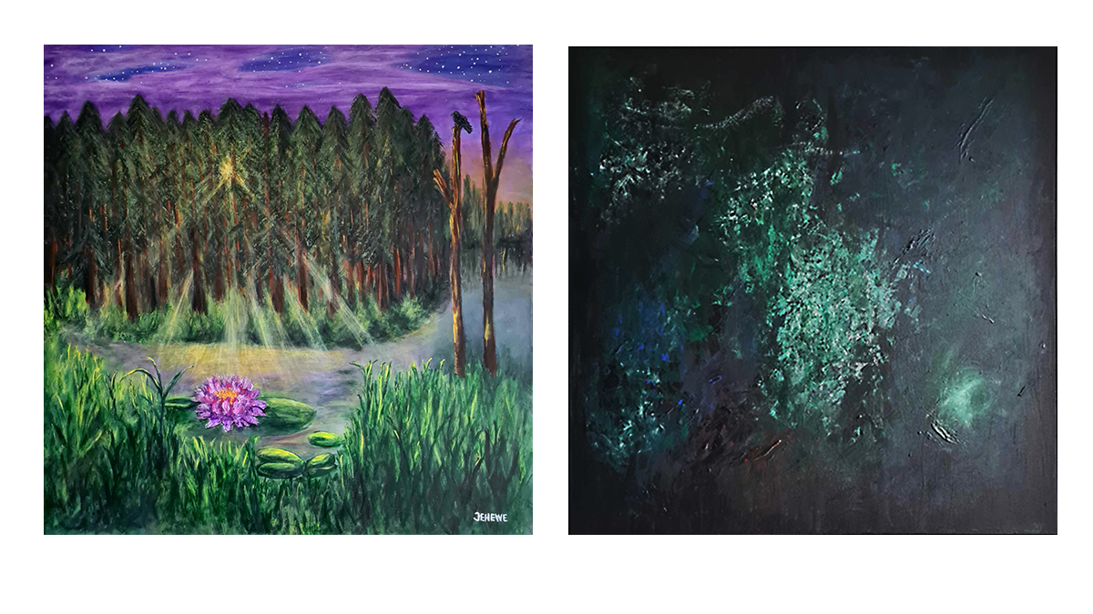 Två målade tavlor av skogslandskap