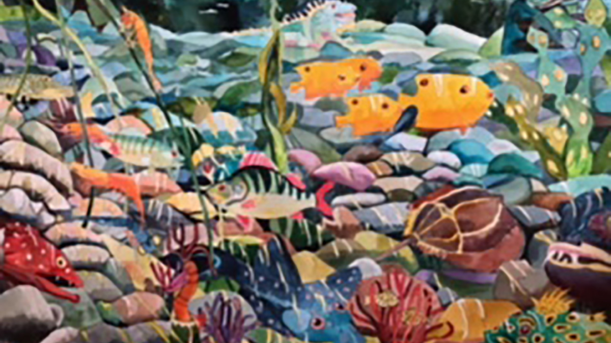 målad tavla med fiskar under vattnet
