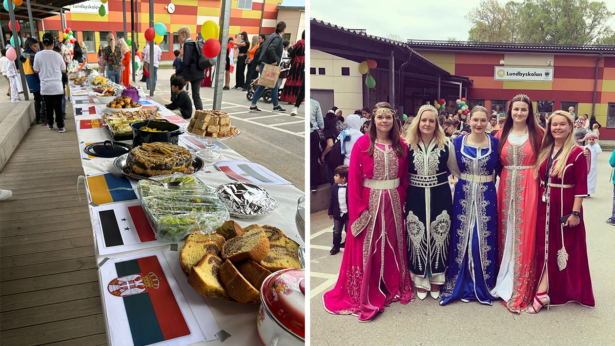 Marika Bichis (lärare), Malin Hellberg (rektor), Josefin Ullström (lärare), Frida Berglund (lärare) och Christina Nanberg (skolsköterska) lånade kläder från Marocko till kulturfesten.