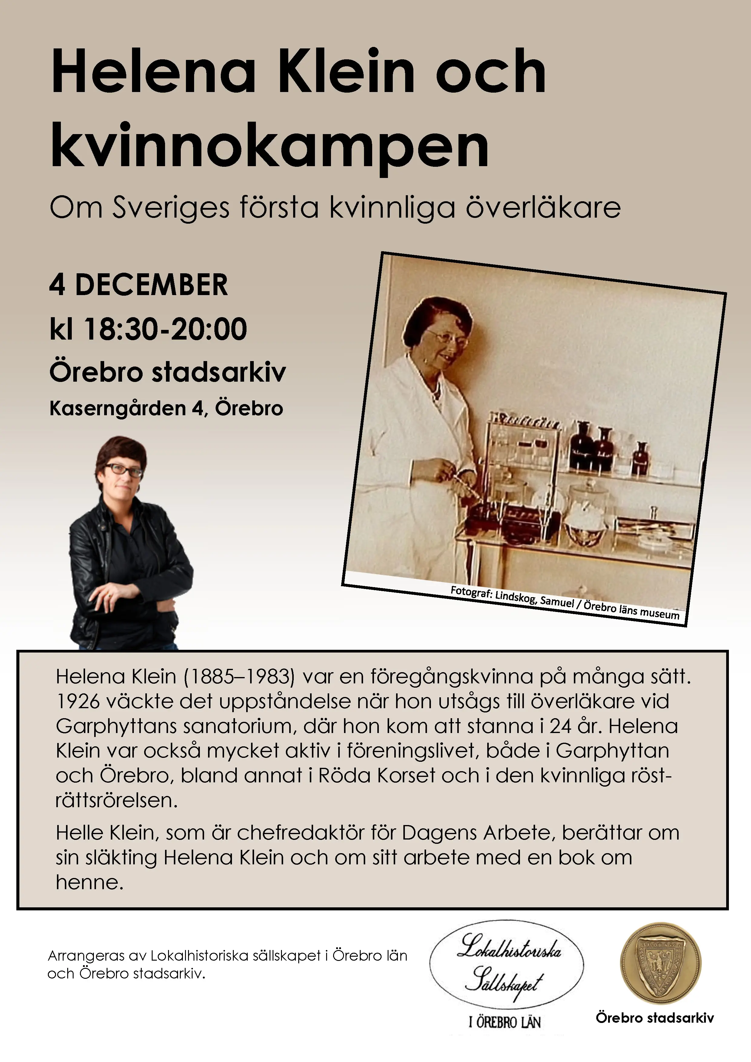 Affisch föreläsning på Örebro stadsarkiv om Helena Klein