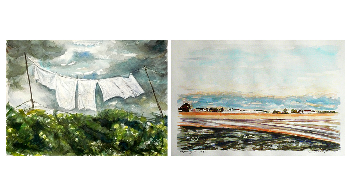 Två målade tavlor: en tavla med vit tvätt hänger på en tvättlina. En tavla med en strandkant och du ser blått hav.