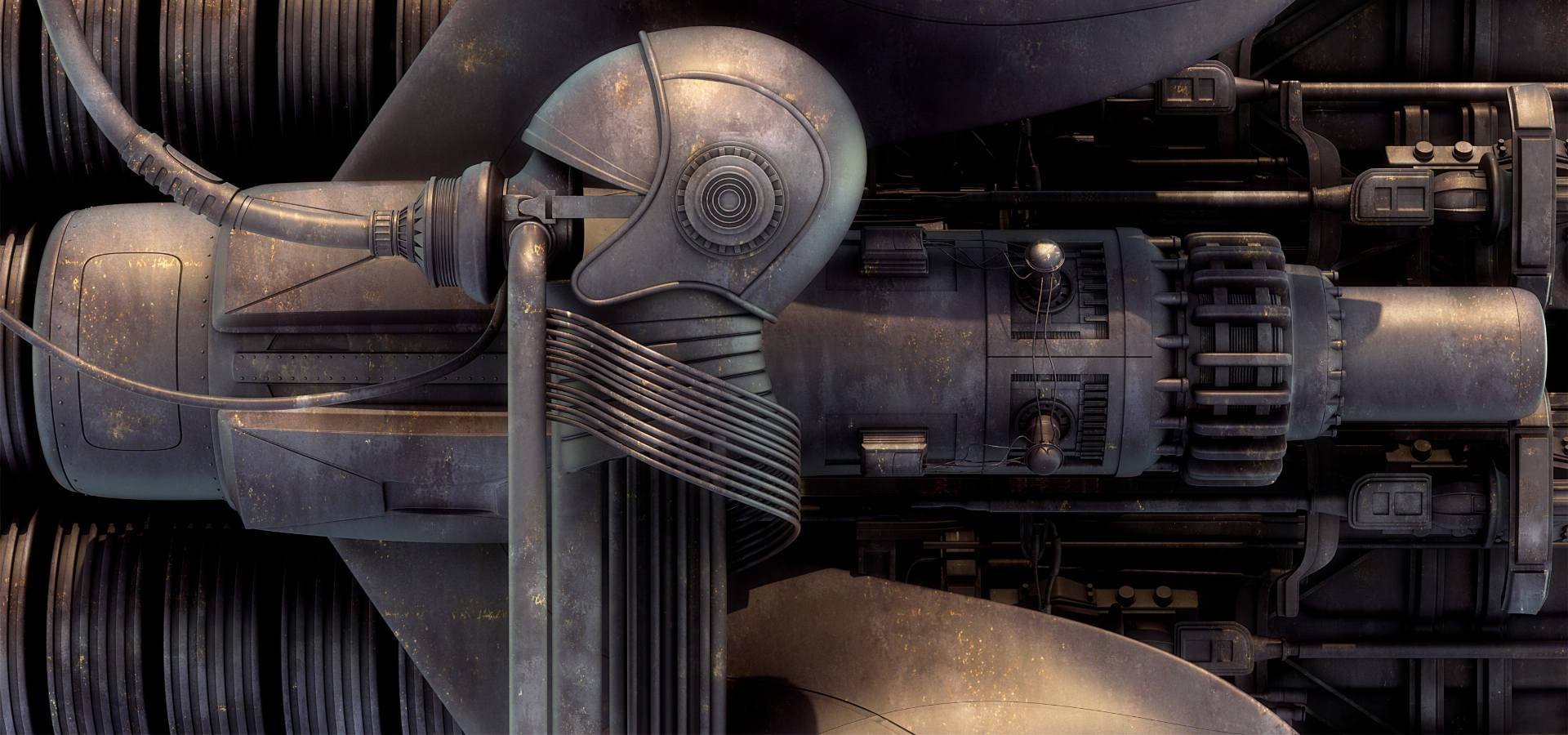 En bild på en grå hjälm som är kopplad till en syr mask. I bakgrunden är det ett bygge som ger känslan att bilden är tagen i en fabrik. 