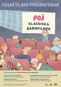 Tecknade figurer som sätter sig i en biosal med rosa stolar.