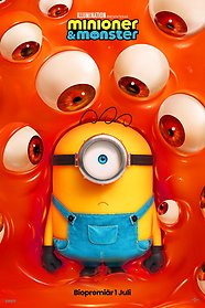 En gul minion med ett stort öga i en slajmig, röd vätska där ögonglober simmar runt