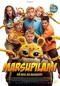 Det prickiga djungeldjuret Marsupilami kikar upp ur ett ägg, omgiven av människor och barn